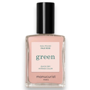 Five glossy-finished, non-toxic MANUCURIST nail polish swatches—including the GREEN™ NAIL POLISH IN PALE ROSE—labeled Milky White, Milky Pink, Hortencia, Pale Rose, and Beige, display a gradient of shades ranging from white through pale pink to nude tones.