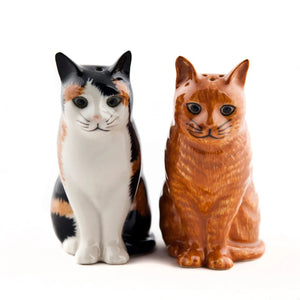 The QUAIL CERAMICS - ELEANOR & VINCENT CAT SALT & PEPPER SHAKERS by QUAIL DESIGNS feature an orange tabby and a black, white, and orange cat—ideal for any cat lover or to add charm to your kitchen decor.