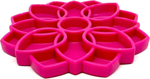 The MANDALA ETRAY Slow Feeder Enrichment Dog Bowl by SODA PUP is a pink silicone tray shaped like a flower with eight petal-like compartments and a subtle central logo, making it an ideal shallow slow feeder and enrichment tray for interactive mealtime fun for dogs.