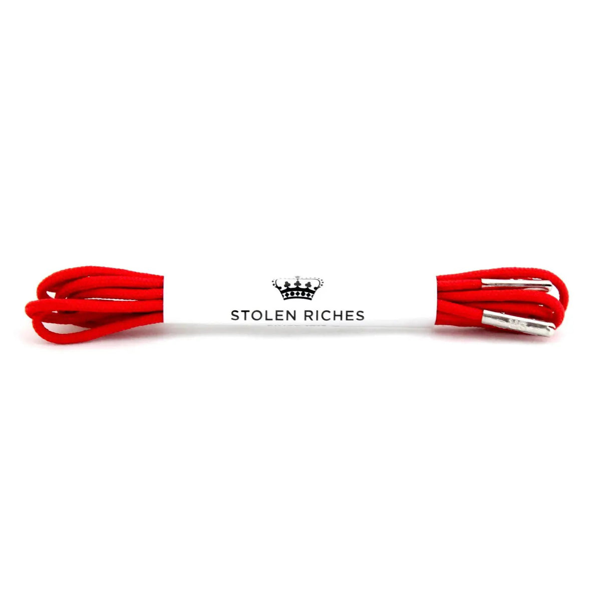 A pair of STOLEN RICHES Dress Shoelaces in Portsalon Red, neatly bundled with a white paper band featuring a crown logo and “STOLEN RICHES” in black.