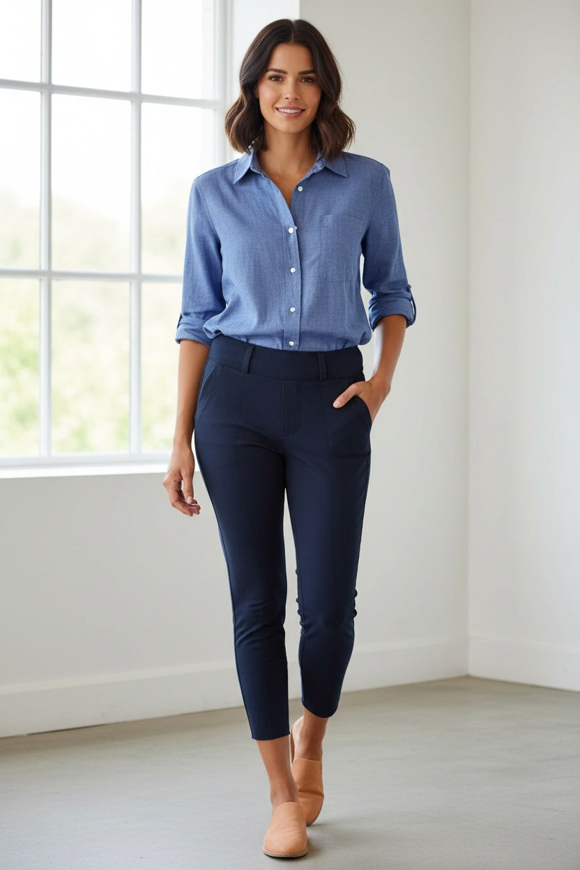 The FRANK &amp; EILEEN Murphy Billion Dollar Pant in black, featuring a tailored waistband and side pockets, is displayed flat on a white textured background.