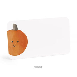 E. FRANCES PAPER's E. FRANCES - JACK-O-LANTERN LITTLE NOTES are a set of small note cards featuring a cute Jack-O-Lantern design on the front and two bats on the back. A yellow pencil with a red eraser sits below the cards, making these Halloween notes perfect as non-candy classroom treats. The packaging reads "Little Notes.