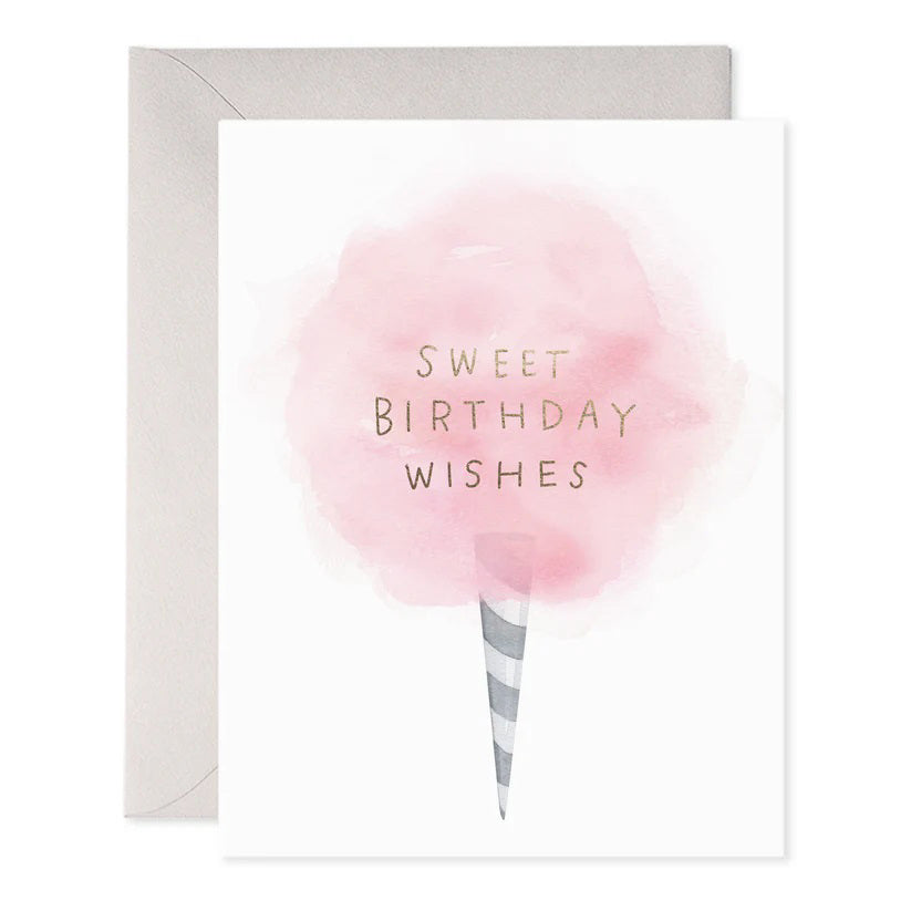 The E. FRANCES PAPER - COTTON CANDY BIRTHDAY CARD features a handcrafted pink cotton candy illustration with "Sweet Birthday Wishes" embossed in gold. It comes with a plain grey envelope and is printed on luxurious paper for added elegance.