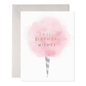 The E. FRANCES PAPER - COTTON CANDY BIRTHDAY CARD features a handcrafted pink cotton candy illustration with "Sweet Birthday Wishes" embossed in gold. It comes with a plain grey envelope and is printed on luxurious paper for added elegance.