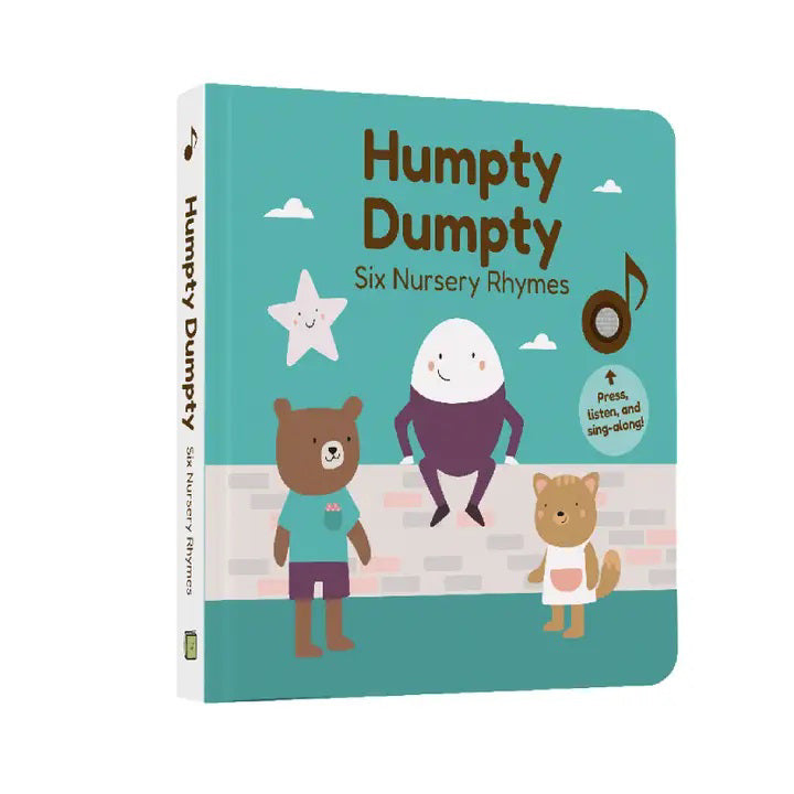 The children's book "CALI'S BOOKS - HUMPTY DUMPTY NURSERY RHYMES" by CALI'S BOOKS features a cover with Humpty Dumpty sitting on a wall, accompanied by a bear on the left and a cat on the right. The illustrations are Montessori-inspired, and a smiling star hovers above them. A button encourages readers to "Press, listen, and sing along.