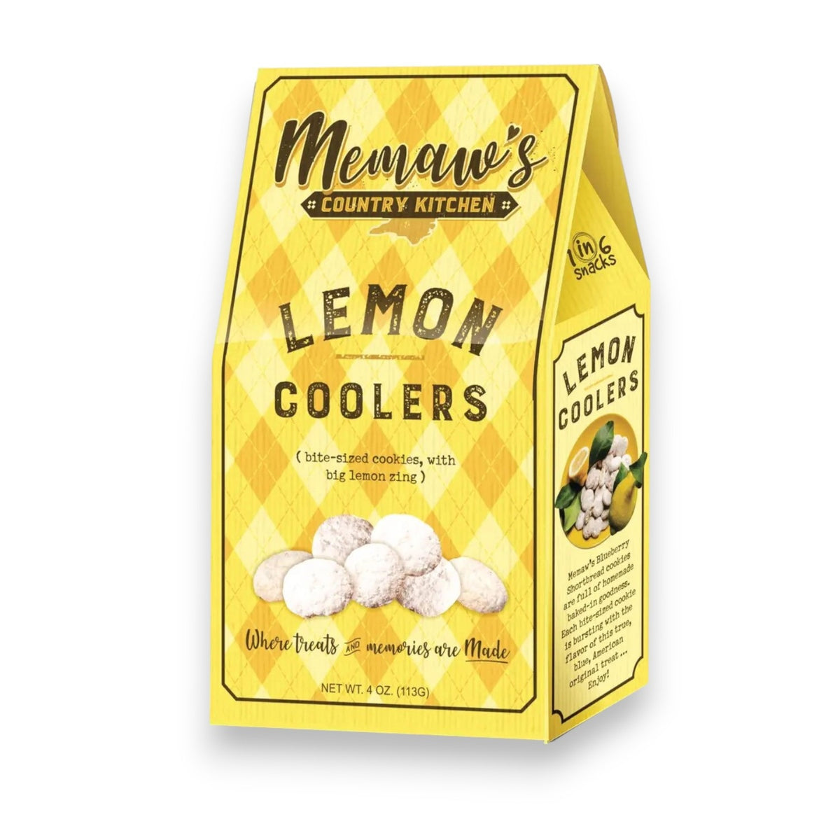 A yellow box of 1 IN 6 SNACKS MEMAWS COUNTRY KITCHEN - LEMON COOLERS features sweet, zesty powdered lemon cookies on the front and a North Carolina state graphic in the bottom right corner.