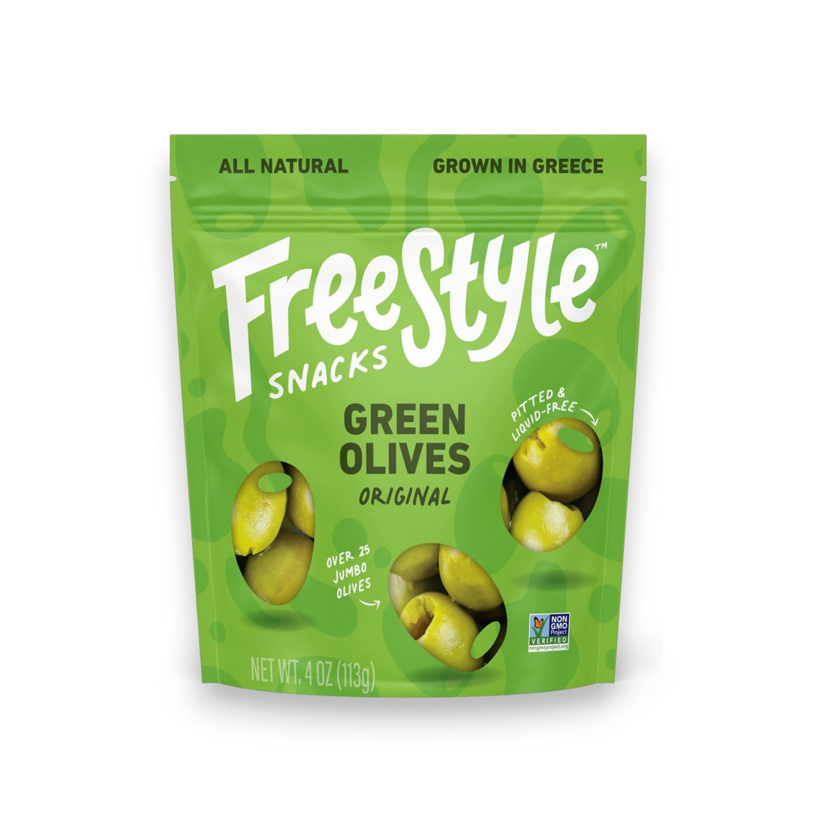 A green, resealable pouch labeled "Freestyle Snacks Green Olives with Lemon Garlic" showcases images of Halkidiki Greece olives and notes they are pitted, liquid-free, all-natural, and grown in Greece. The Non-GMO Project Verified label ensures quality.