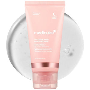 A pink tube of KOSMIC KBEAUTY SKINCARE MEDICUBE - COLLAGEN NIGHT WRAPPING MASK, 75ML is showcased against a clear, glossy liquid backdrop. The packaging emphasizes collagen extract and intensive night care benefits, making it an ideal overnight mask for radiant skin and long-lasting hydration.