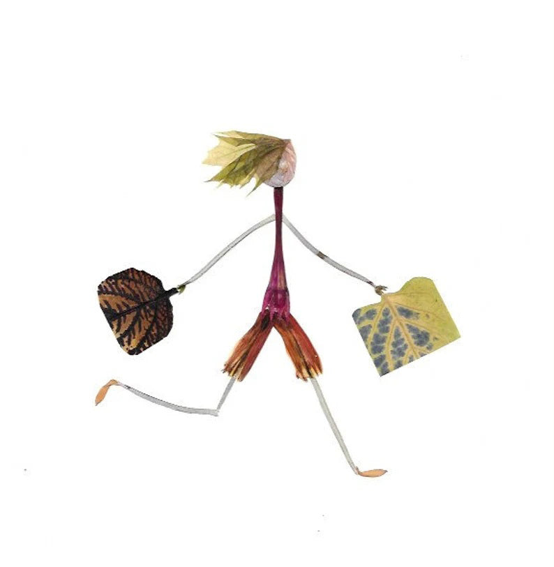 The PETAL PEOPLE PRESS - BON VOYAGE CARD by PETAL PEOPLE PRESS features a whimsical figure crafted from plant parts, with leaf details and shopping bags—a charming choice for botanical art greeting cards or pressed flower notecards.
