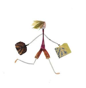 The PETAL PEOPLE PRESS - BON VOYAGE CARD by PETAL PEOPLE PRESS features a whimsical figure crafted from plant parts, with leaf details and shopping bags—a charming choice for botanical art greeting cards or pressed flower notecards.