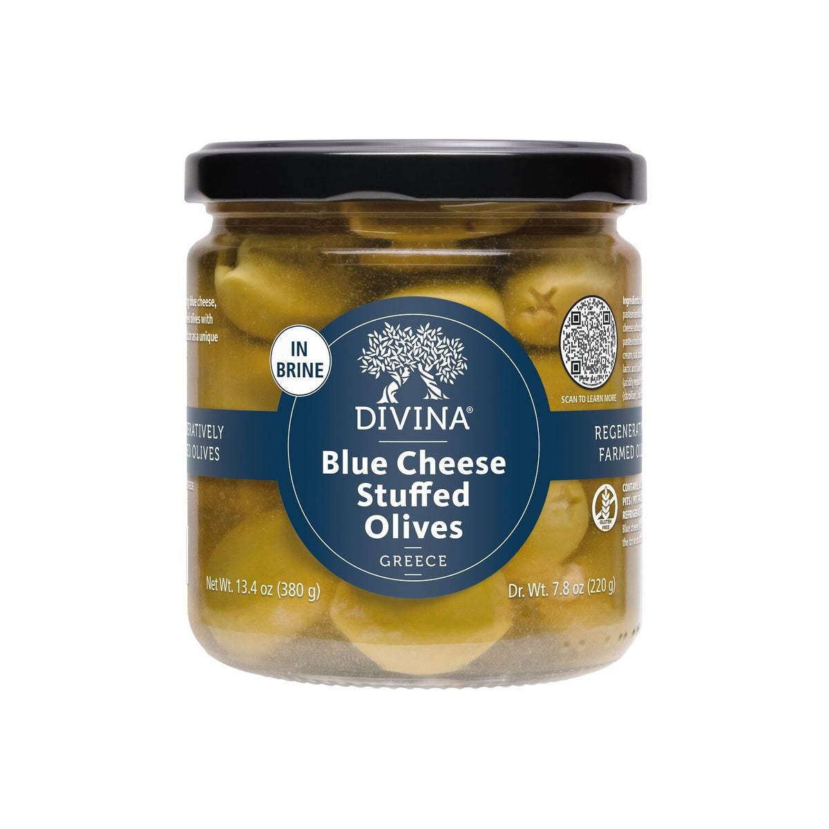 A transparent jar of DIVINA - BLUE CHEESE STUFFED OLIVES in brine, featuring a black lid and a blue label. The jar displays plump Halkidiki olives from the DIVINA brand, each generously stuffed with creamy blue cheese. Net weight: 7.8 oz (220 g).