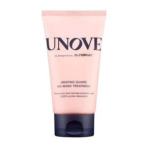 A pink tube of UNOVE Heat Guard No Wash Hair Treatment by EXOD International designed for damaged hair, featuring heat protection, frizz control, and enhanced protein absorption.