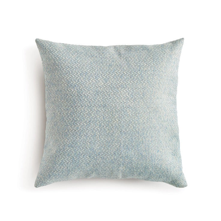 The NAPA HOME AND GARDEN - BLAKE SQUARE OUTDOOR PILLOW 20&quot; is a pale blue, textured pillow with a subtle woven Jacquard pattern. Its soft, muted appearance adds weather-resistant elegance against a white background.
