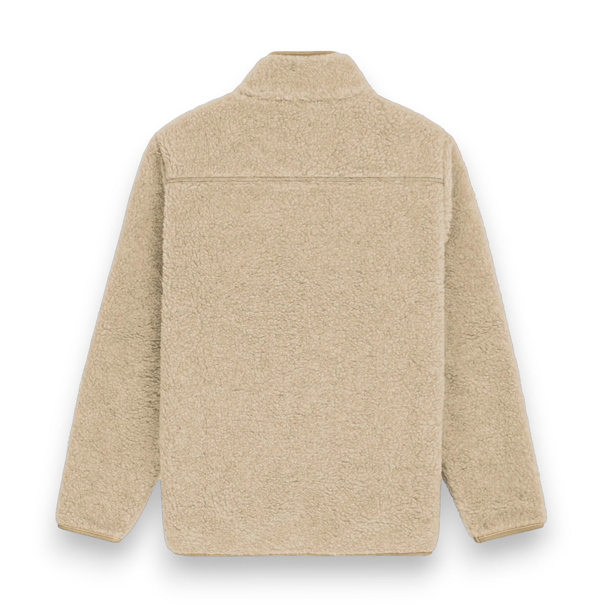 The AMUNDSEN SPORTS - HEROES WOOL FLEECE JACKET is a beige sherpa fleece zip-up with a high collar, large front pockets, and a contrasting waxed cotton chest pocket with a white label, offering a cozy, casual look.