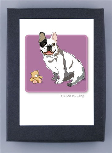 The PAPER RUSSELLS - FRENCH BULLDOG BOX NOTES features a charming illustration of a black and white French Bulldog on a purple background, crafted on recycled paper with "French Bulldog" text beneath. A small teddy bear sits nearby, showcasing both creativity and sustainability. Made in the USA.