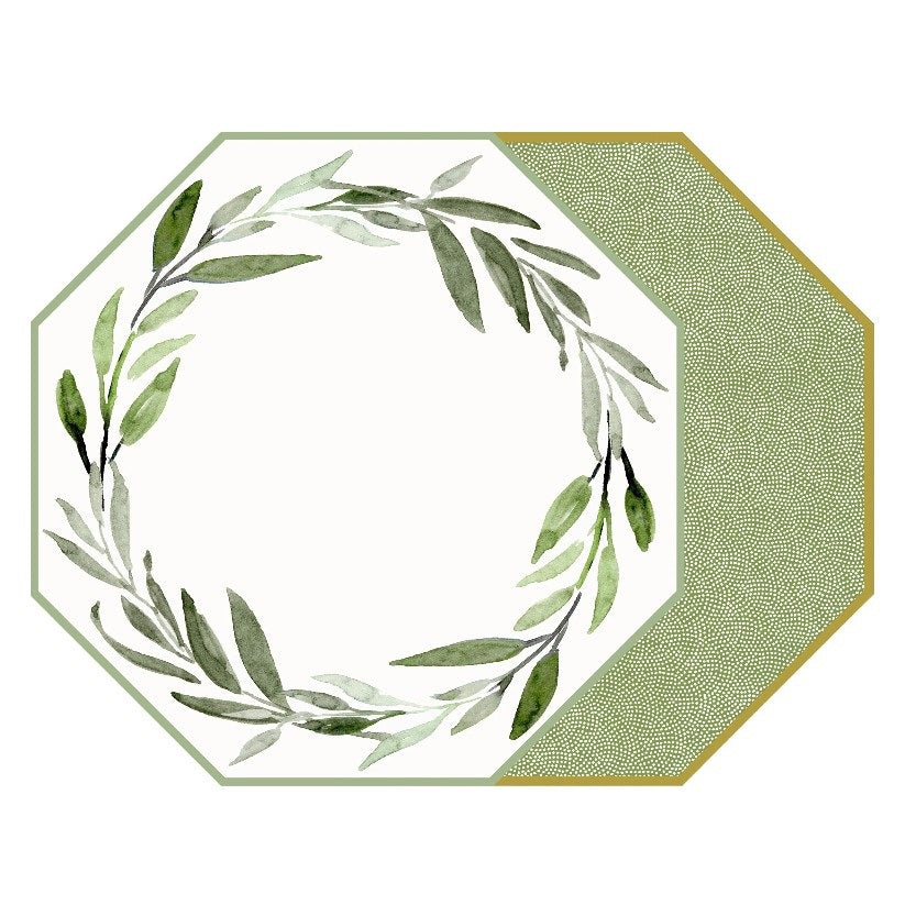 An octagonal HOLLY STUART DESIGNS placemat in Saxon Green features watercolor leaves forming a wreath on white, with a textured green and gold section accenting the right side.