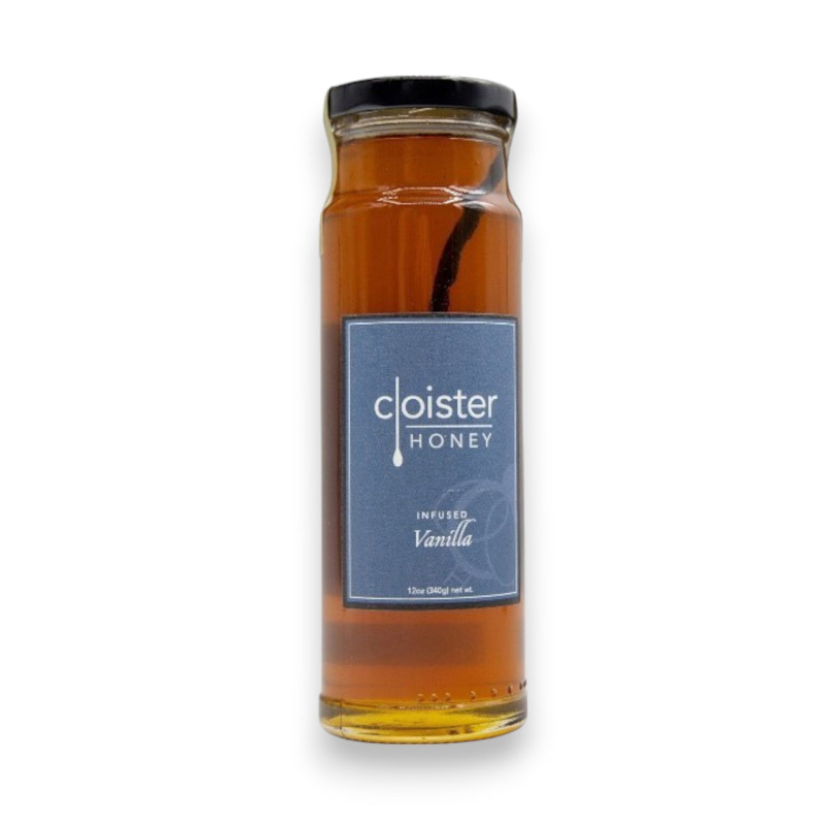 A tall glass jar containing amber-colored honey, labeled "Cloister Honey - Infused Vanilla Honey 12oz," has a blue label with white text and a vanilla bean illustration. It features a sleek black cap.