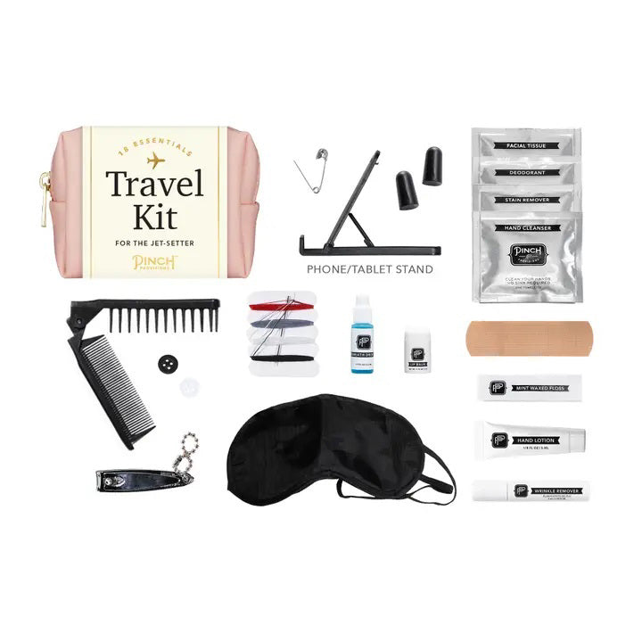 The PINCH PROVISIONS - Unisex Travel Kit from PINCH PROVISIONS, contains various travel accessories including a black sleep mask, comb, nail clipper, safety pin, thread and needle set, earplugs, deodorant wipes, face tissues, breath drops, hand lotion, bandage, and a phone/tablet stand.