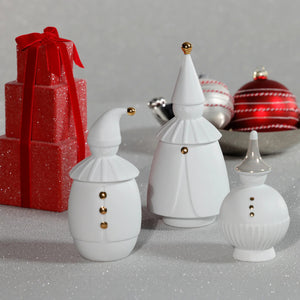 The PORCELAIN FROST HERALD FIGURINE by ZODAX is a white, round decorative piece featuring three small gold dots on the front and a tall, conical gold-and-white striped cap. Dimensions: 3.25 in x 6 in (8.26 cm x 15.24 cm).