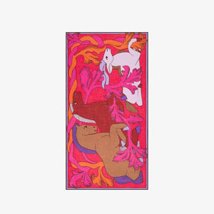 Close-up of the INOUI EDITIONS - CAVALE WOOL SCARF IN RED by INOUI, featuring crumpled wool in red, pink, and orange with dark brown abstract lines. Its woven texture and bold style make it a perfect winter accessory.