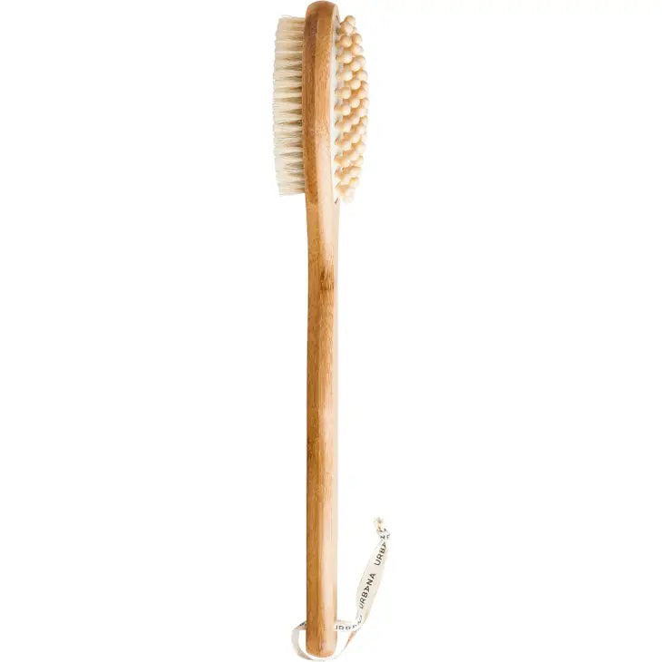 Introducing the CELLULITE BRUSH by EUROPEAN SOAPS, LLC: a long-handled wooden bath brush with natural bristles, ideal for personal care and spa routines. The handle features a small strap at the end for easy hanging. The dense bristle side is perfect for exfoliating and scrubbing, making this brush a standout in natural bath products.