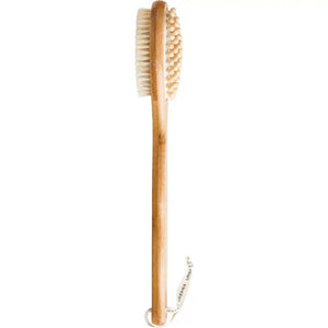 Introducing the CELLULITE BRUSH by EUROPEAN SOAPS, LLC: a long-handled wooden bath brush with natural bristles, ideal for personal care and spa routines. The handle features a small strap at the end for easy hanging. The dense bristle side is perfect for exfoliating and scrubbing, making this brush a standout in natural bath products.