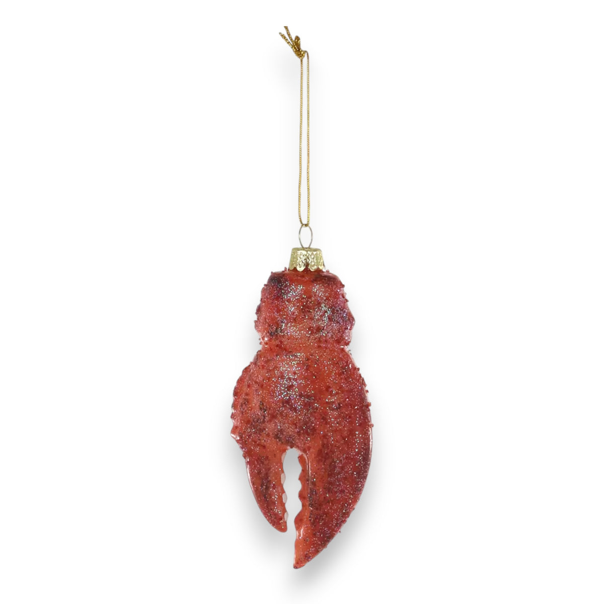 The LOBSTER CLAW ORNAMENT by CODY FOSTER is a 4&quot; red glass Christmas ornament featuring a gold cap, hanging loop, and glitter accents, shown against a white background.