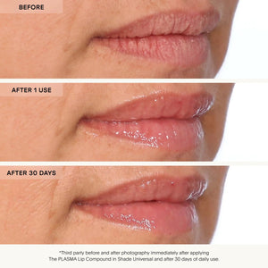 A woman uses U BEAUTY's PLASMA LIP COMPOUND IN TUILLE with a pen-like applicator. Clinical results: 100% see improved hydration, 93% notice fewer lines/wrinkles, and 97% experience fuller-looking lips.