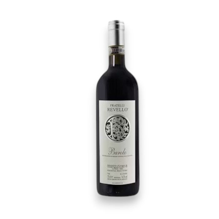 A bottle of REVELLO BAROLO 2021 by ADVINTAGE, featuring a white label and silver neck foil, stands upright against a plain white background.