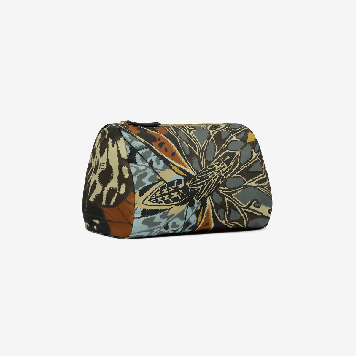 The INOUI EDITIONS PAPILLON Nylon Cosmetic Case by INOUI is a lightweight zippered pouch made from recycled polyester, showcasing a vibrant geometric pattern and bold butterfly motif, displayed on a plain white background.