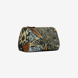 The INOUI EDITIONS PAPILLON Nylon Cosmetic Case by INOUI is a lightweight zippered pouch made from recycled polyester, showcasing a vibrant geometric pattern and bold butterfly motif, displayed on a plain white background.