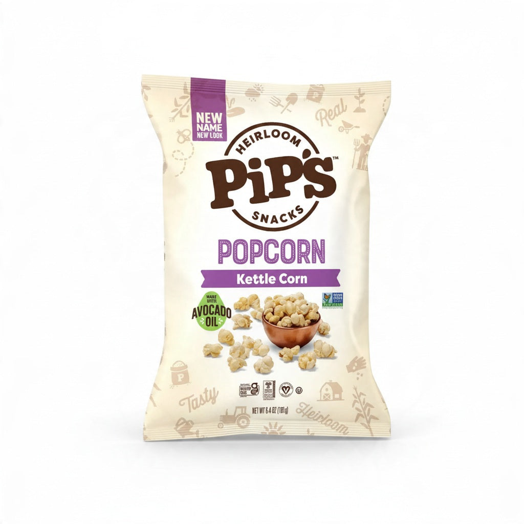 Bag of PIPCORN - KETTLE POPCORN featuring an image of a small wooden bowl filled with popcorn.