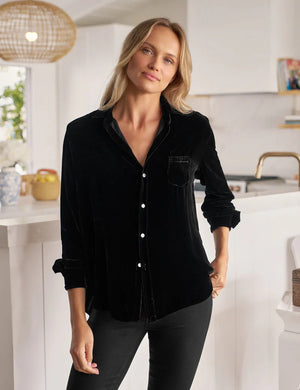 The FRANK & EILEEN EILEEN Relaxed Button Up in Black Italian Washed Velvet features a collar, front pocket, bust-flattering buttons, and rolled-up sleeves. The label inside reads "Frank & Eileen.
