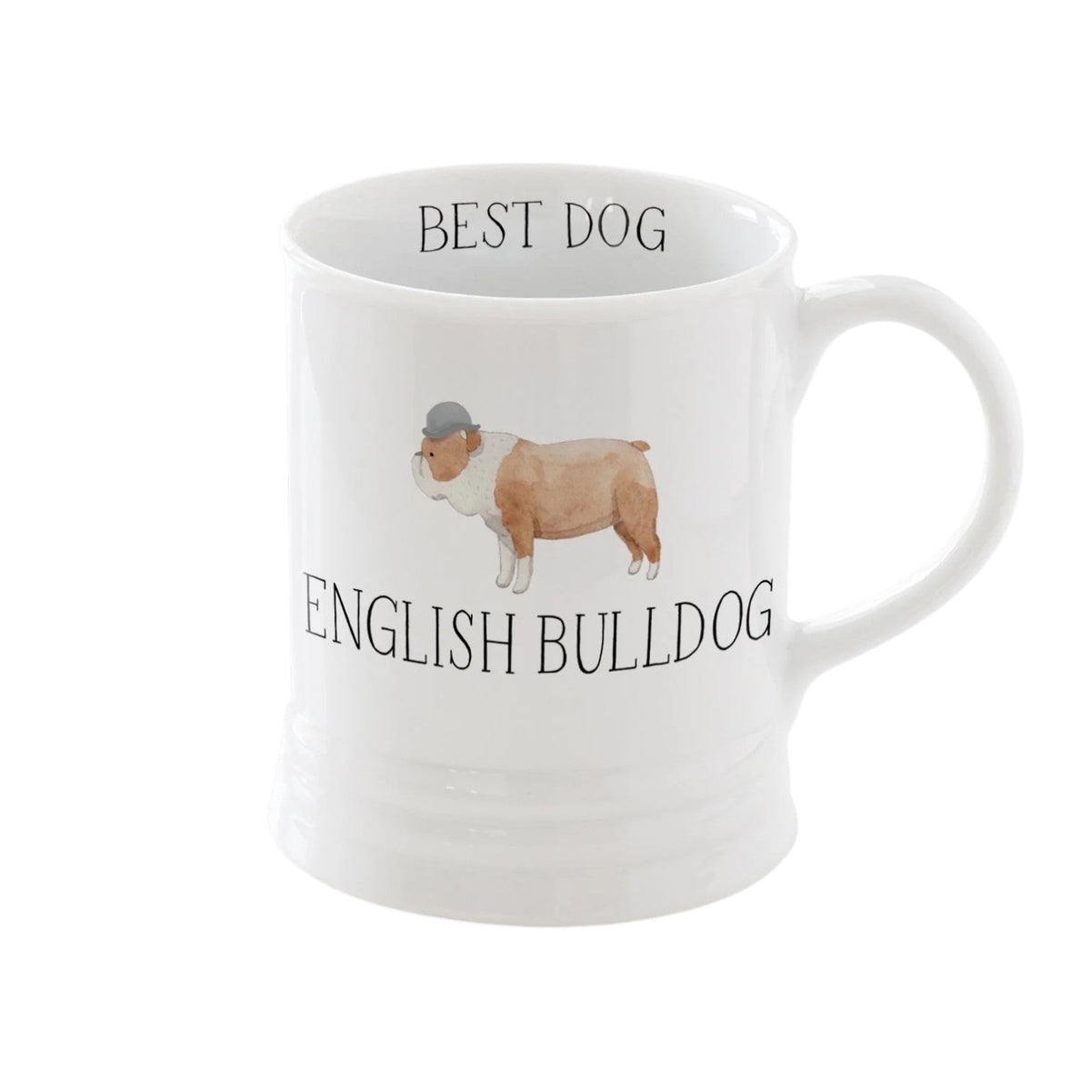 Enjoy your morning coffee with the FRINGE STUDIO - CERAMIC ENGLISH BULLDOG MUG by PET SHOP BY FRINGE STUDIO, featuring a delightful watercolor illustration of an English bulldog in a gray bowler hat above the text "ENGLISH BULLDOG" on a classic white ceramic background.