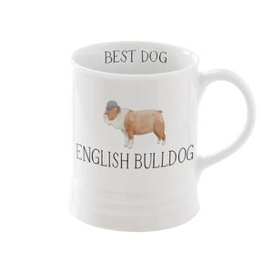 Enjoy your morning coffee with the FRINGE STUDIO - CERAMIC ENGLISH BULLDOG MUG by PET SHOP BY FRINGE STUDIO, featuring a delightful watercolor illustration of an English bulldog in a gray bowler hat above the text "ENGLISH BULLDOG" on a classic white ceramic background.