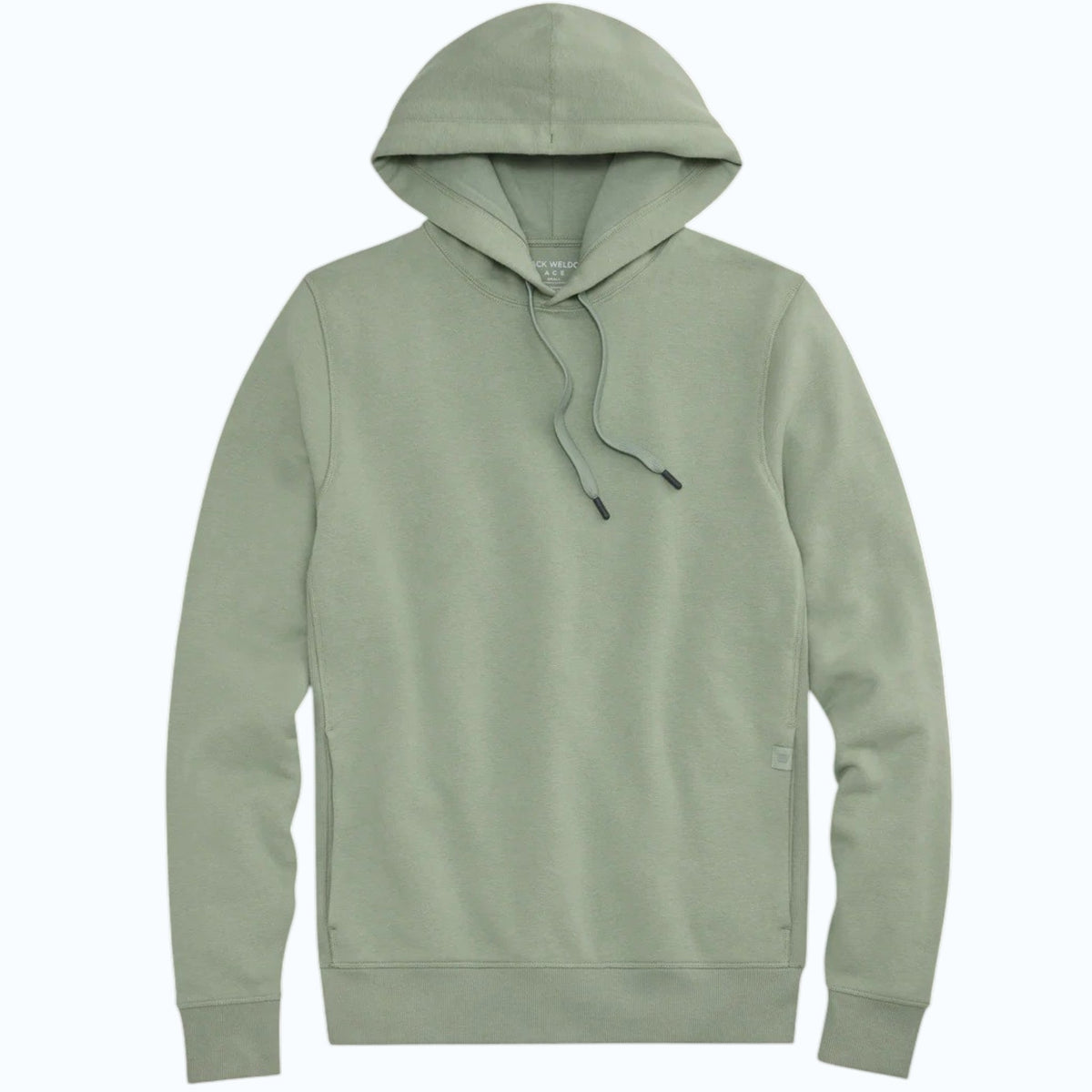 The MACK WELDON Ace Pullover Hooded Sweatshirt in Burnt Sage is a light green French terry hoodie with long sleeves, a front pocket, adjustable drawstrings, and a streamlined fit, shown laid flat on a white background.