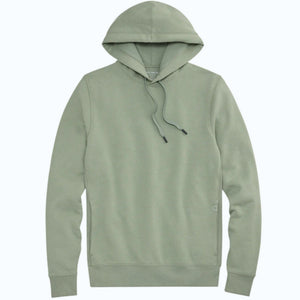 The MACK WELDON Ace Pullover Hooded Sweatshirt in Burnt Sage is a light green French terry hoodie with long sleeves, a front pocket, adjustable drawstrings, and a streamlined fit, shown laid flat on a white background.