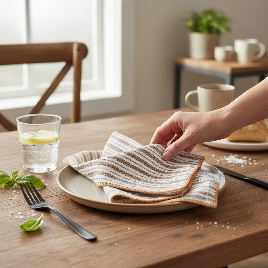 Elevate your table linens collection with the NAPA HOME AND GARDEN - SUTTON DINNER NAPKIN. This folded cotton napkin, featuring brown, white, and gray vertical stripes accented by decorative brown stitching along the edges, offers a stylish soft ochre touch—perfect for bringing both elegance and versatility to any dining setting. Displayed against a crisp white background, it’s a standout piece from NAPA HOME AND GARDEN.