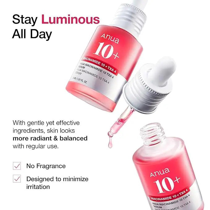 A pink dropper bottle of GLOWISS ANUA 10+ NIACINAMIDE SERUM 30ML is displayed before a glossy pink droplet, emphasizing this niacinamide and tranexamic acid serum on a clean white background.