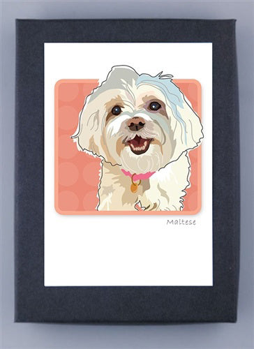 The PAPER RUSSELS - MALTESE SMILE BOX NOTES showcases a happy Maltese dog with a fluffy coat on an orange background with circular patterns. "Maltese" is at the bottom, printed on premium recycled paper and framed in a dark border, crafted using 100% renewable green electricity.