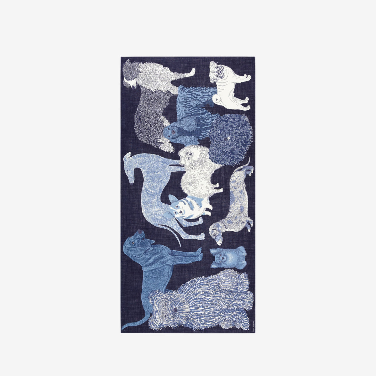 The INOUI EDITIONS TOUTOU DOGS WOOL SCARF IN NAVY features stylized blue and white dogs with fluffy, textured fur, arranged closely in a vertical frame, inspired by the brand INOUI&#39;s signature design.