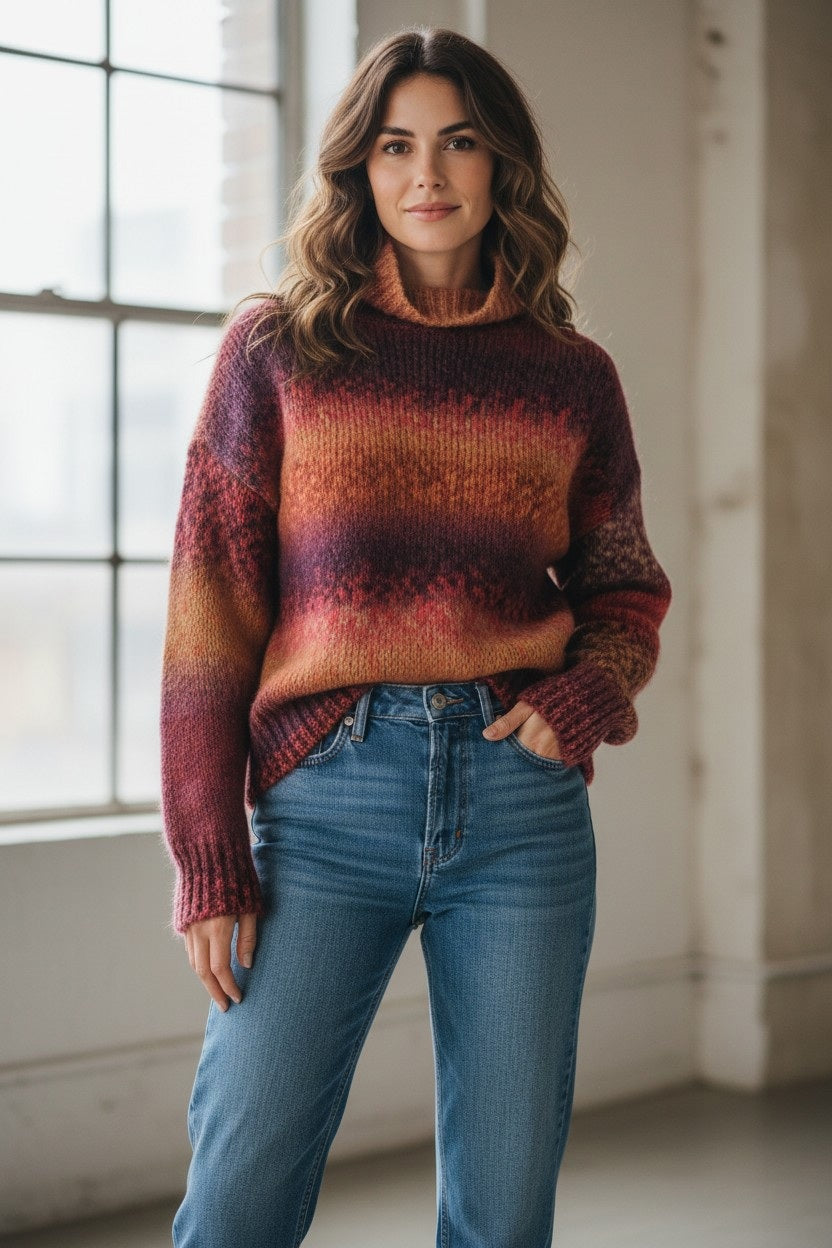 A woman with wavy brown hair and a relaxed expression stands indoors by a window, wearing the FLOOR - PRINTED YARN LOOSE TURTLENECK SWEATER in warm watercolor tones, paired with blue jeans. This stylish piece by FLOOR is made in Italy.