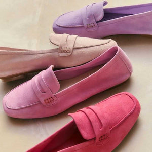Top view of the REQINS - HEMA SUEDE LOAFER IN PINK by REQINS, featuring a square toe, decorative strap, and leather insole, displayed on a light background.