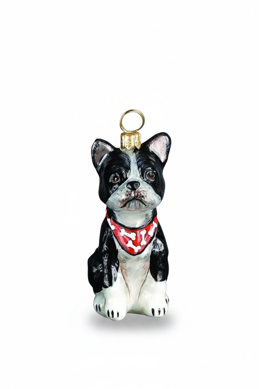 BOSTON TERRIER ORNAMENT by Joy to the World Collectibles featuring a handmade glass black and white dog wearing a red bandana with white bone patterns.