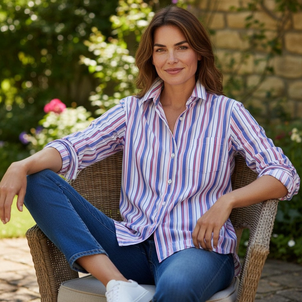 A woman sits outdoors on a wicker chair, smiling at the camera, wearing the FRANK & EILEEN EILEEN Relaxed Button Up in Italian Cotton Multicolor Stripe paired with jeans. Sunlight filters over green plants and flowers in the background.