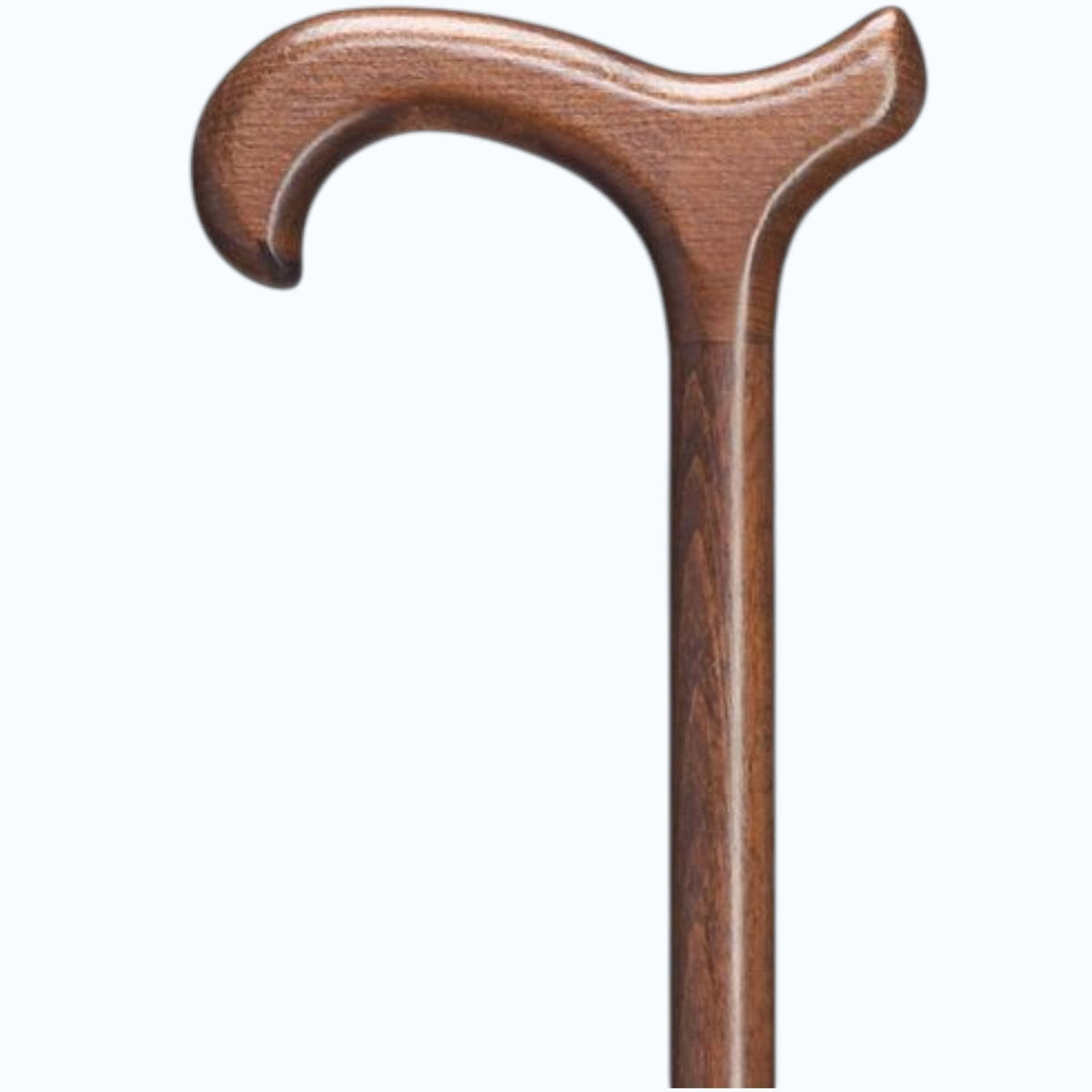 The HARVY CANES First Choice Derby Handle Cane in Walnut, featuring a curved ergonomic handle, is shown against a plain light background.