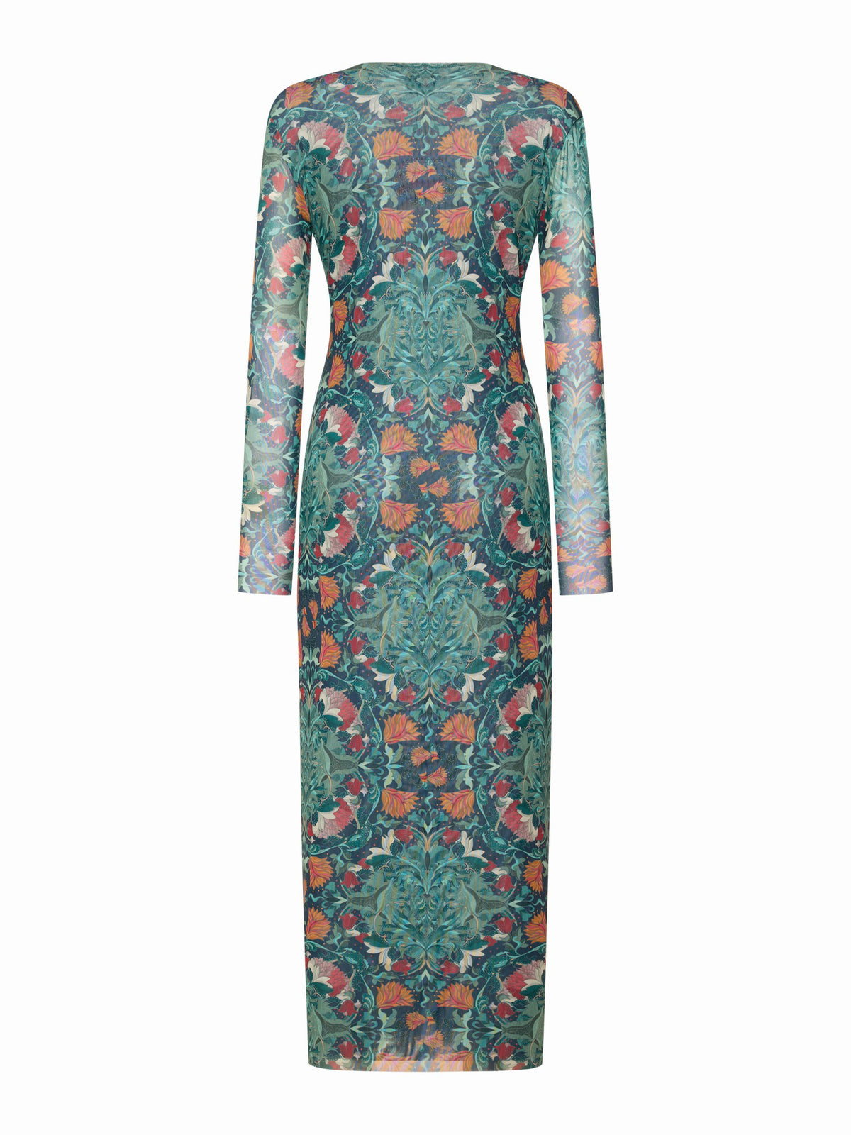 The FRANCO FERRARI BALLET MESH DRESS is a long-sleeved, fitted dress with a green, teal, and orange botanical print, semi-sheer fabric, a round neckline, and an intricate symmetrical floral pattern.