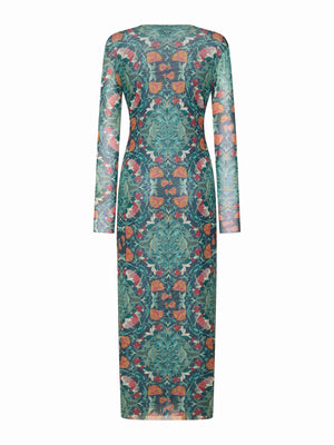 The FRANCO FERRARI BALLET MESH DRESS is a long-sleeved, fitted dress with a green, teal, and orange botanical print, semi-sheer fabric, a round neckline, and an intricate symmetrical floral pattern.