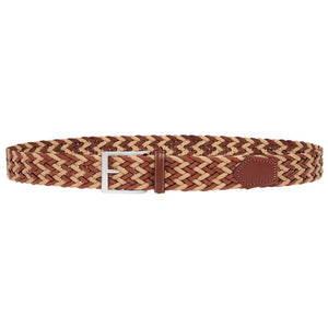 Size guide for ATHISON - BRAIDED LEATHER AND LINEN BELT IN LIGHT BROWN AND BEIGE: sizes XS–XL fit waists 70–115 cm, belt lengths 85–130 cm. Diagram shows how to measure your braided belt, highlighting size M.