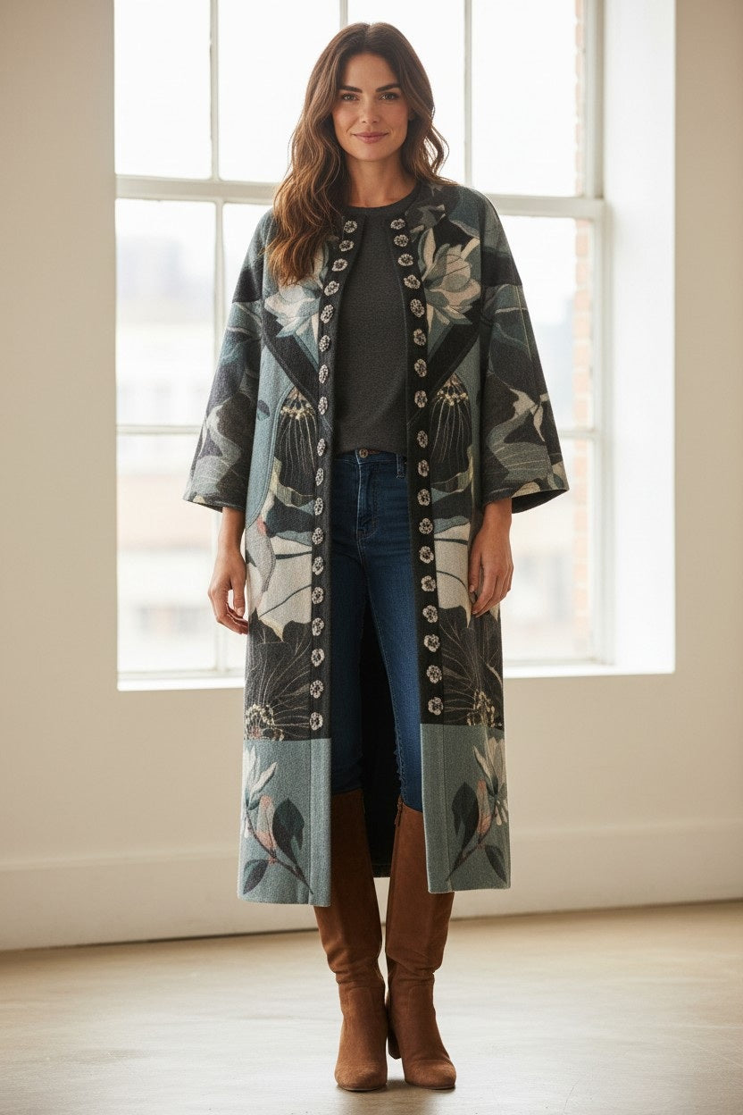 A woman stands indoors in front of a large window, smiling as she showcases the elegance of her FRANCO FERRARI - REVERSIBLE WOOL COAT. The long coat features a beautiful botanical floral print and is layered over a dark top, blue jeans, and brown knee-high boots.